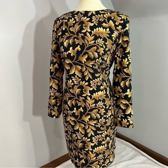 Vintage black and gold silk leaf print long sleeve midi dress romantic ethereal - Picture 5 of 11